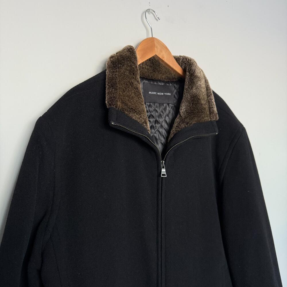 MARC New York Mens Coat XL Black Wool Cashmere Made in Italy Faux Fur Collar - Picture 3 of 11